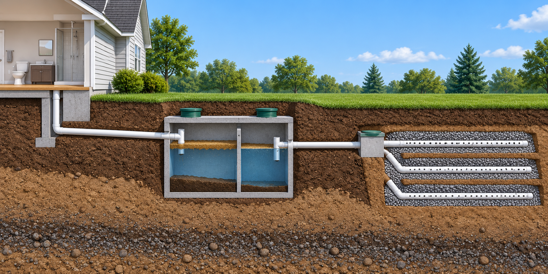 Cutaway illustration showing a house wastewater pipe flowing through a two-chamber septic tank to a conventional drainfield.