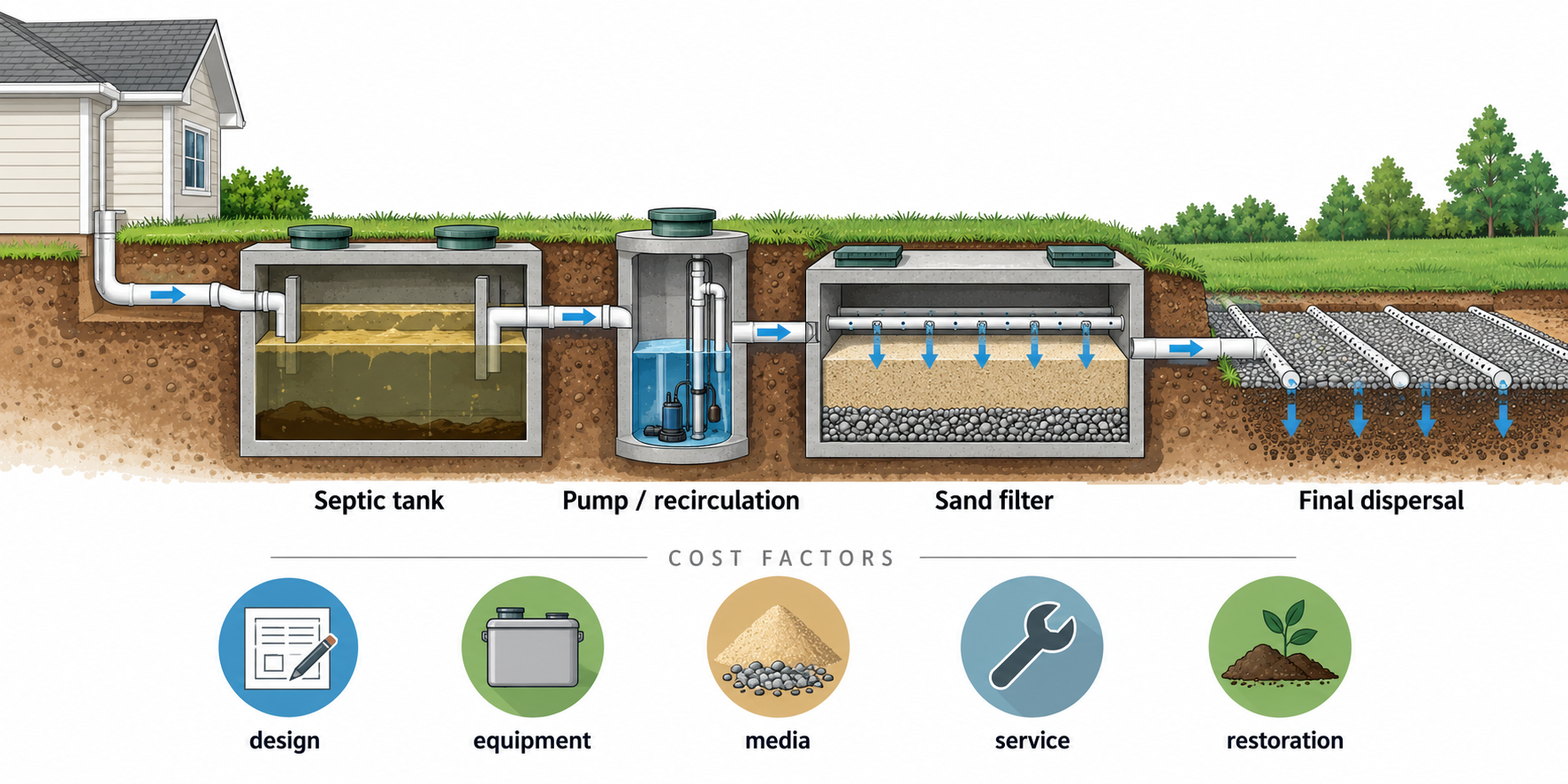 Sand-filter septic treatment flow from the septic tank through a pump and recirculation chamber, sand filter, and final dispersal field