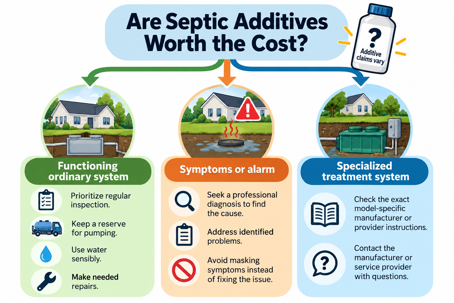 Decision paths for a functioning ordinary septic system, symptoms needing diagnosis, and model-specific instructions for specialized systems