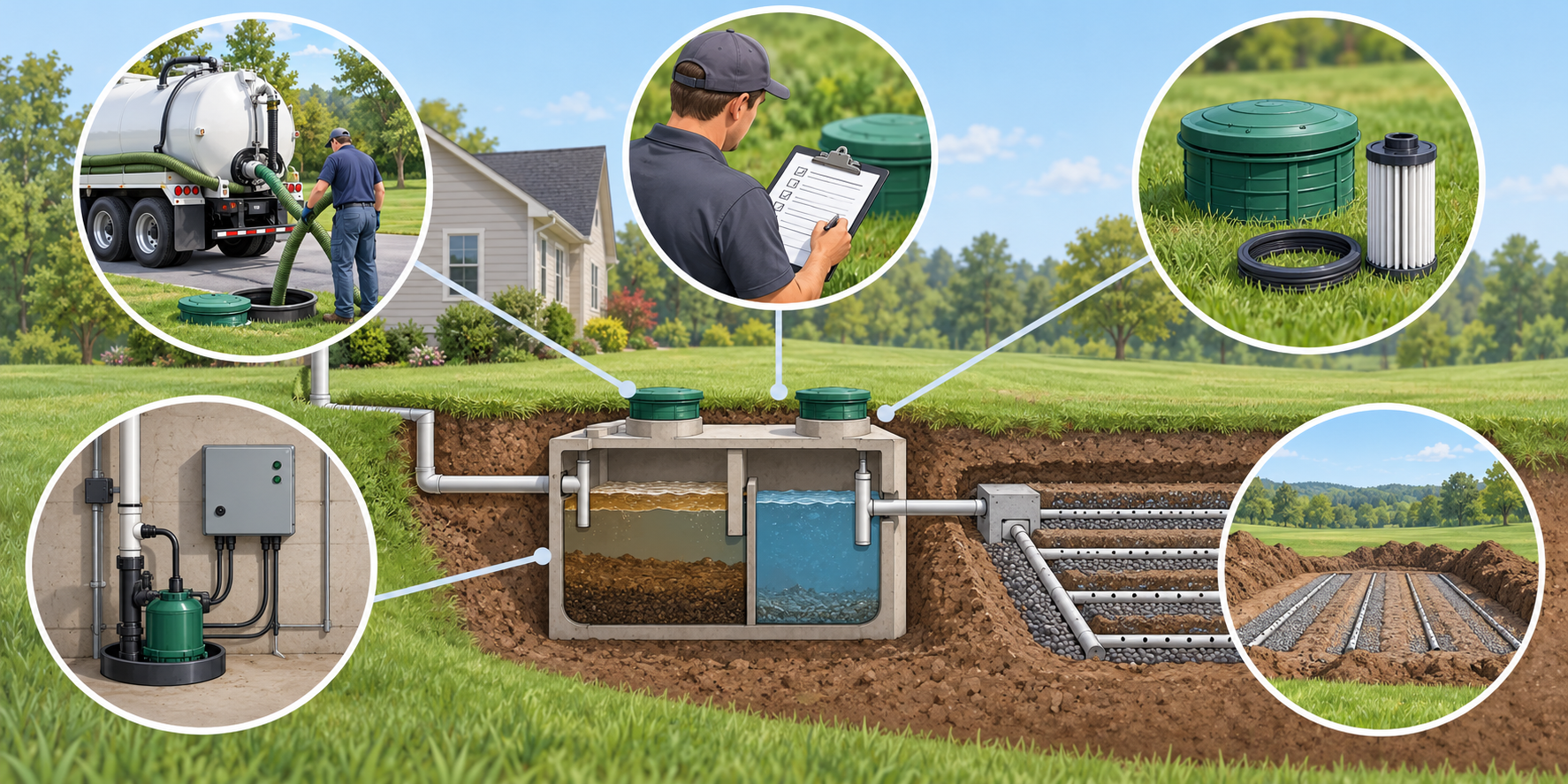 Illustration of distinct septic ownership budget layers: pumping, inspection, small components, pump controls, and future drainfield work.
