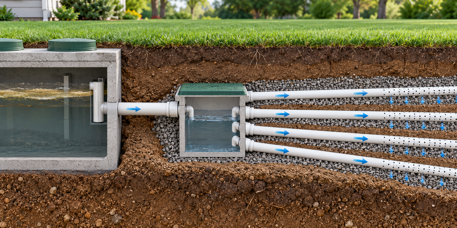 Cutaway showing a distribution box dividing septic effluent among several drainfield laterals.
