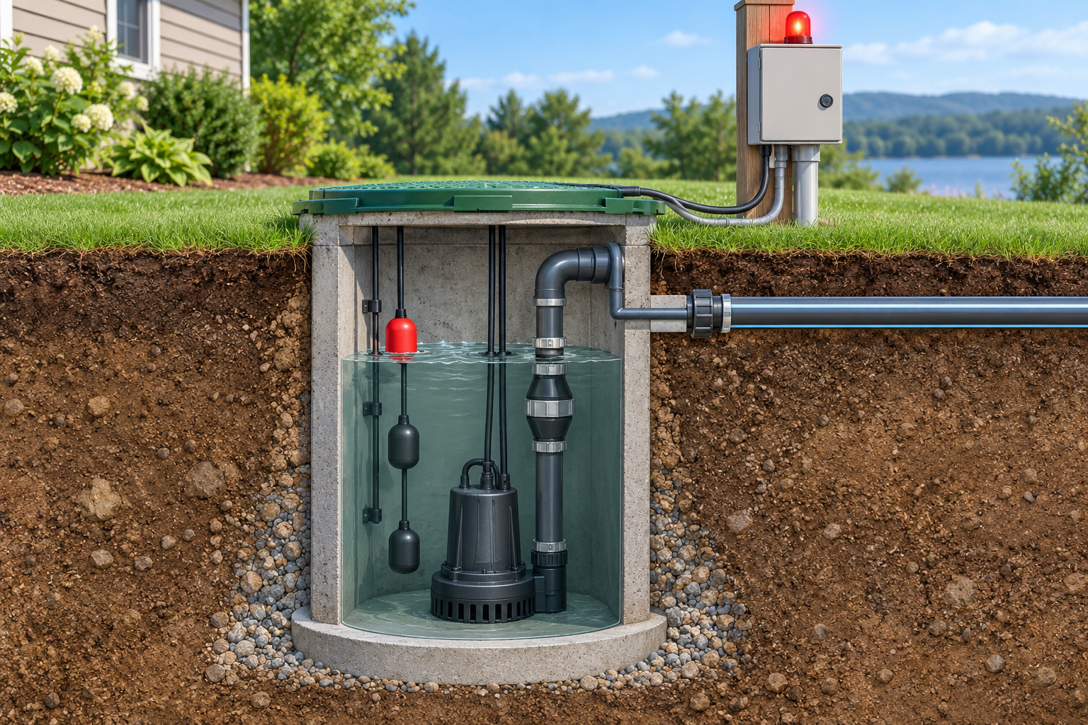 Cutaway of a septic pump chamber with a pump, float switches, discharge pipe, and high-water alarm panel.