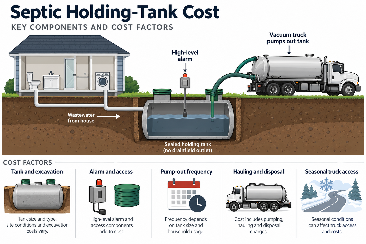Holding-tank system showing sealed wastewater storage, a high-level alarm, truck access, and the factors that shape installation and hauling costs