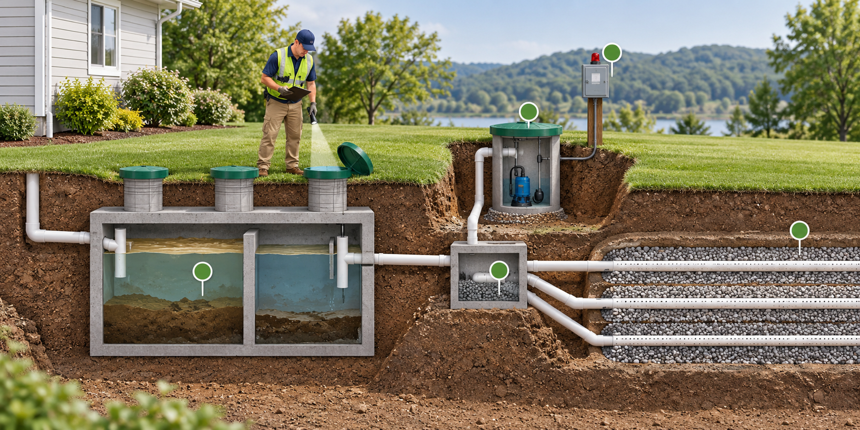 A qualified professional inspecting septic access points and checking tank, pump, distribution, and drainfield components from above ground.