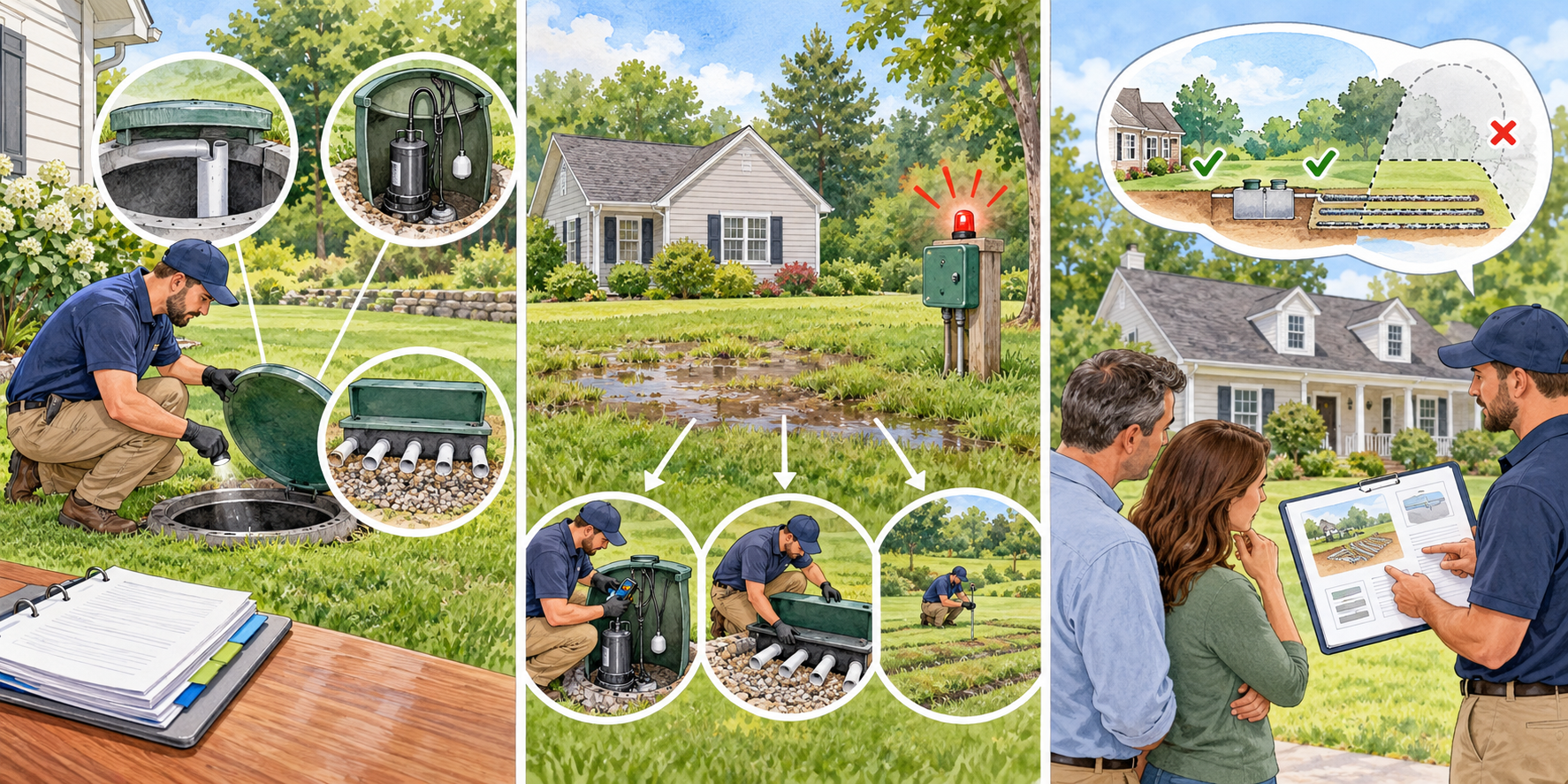 Routine, diagnostic, and property-transfer septic visits serve different purposes and produce different kinds of information.