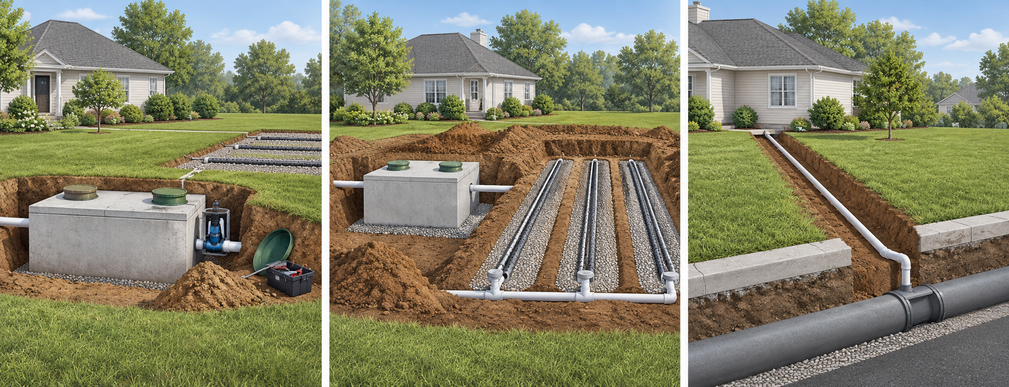 Three septic project paths: localized component repair, broad tank-and-field replacement, and a separate sewer connection option.