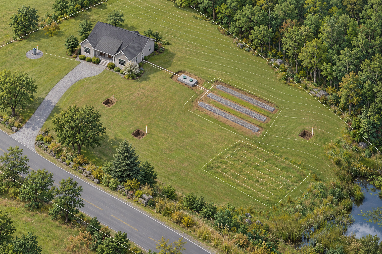 Illustrative site plan showing a house, well, soil test pits, septic tank, drainfield, terrain constraints, and a possible reserve area.
