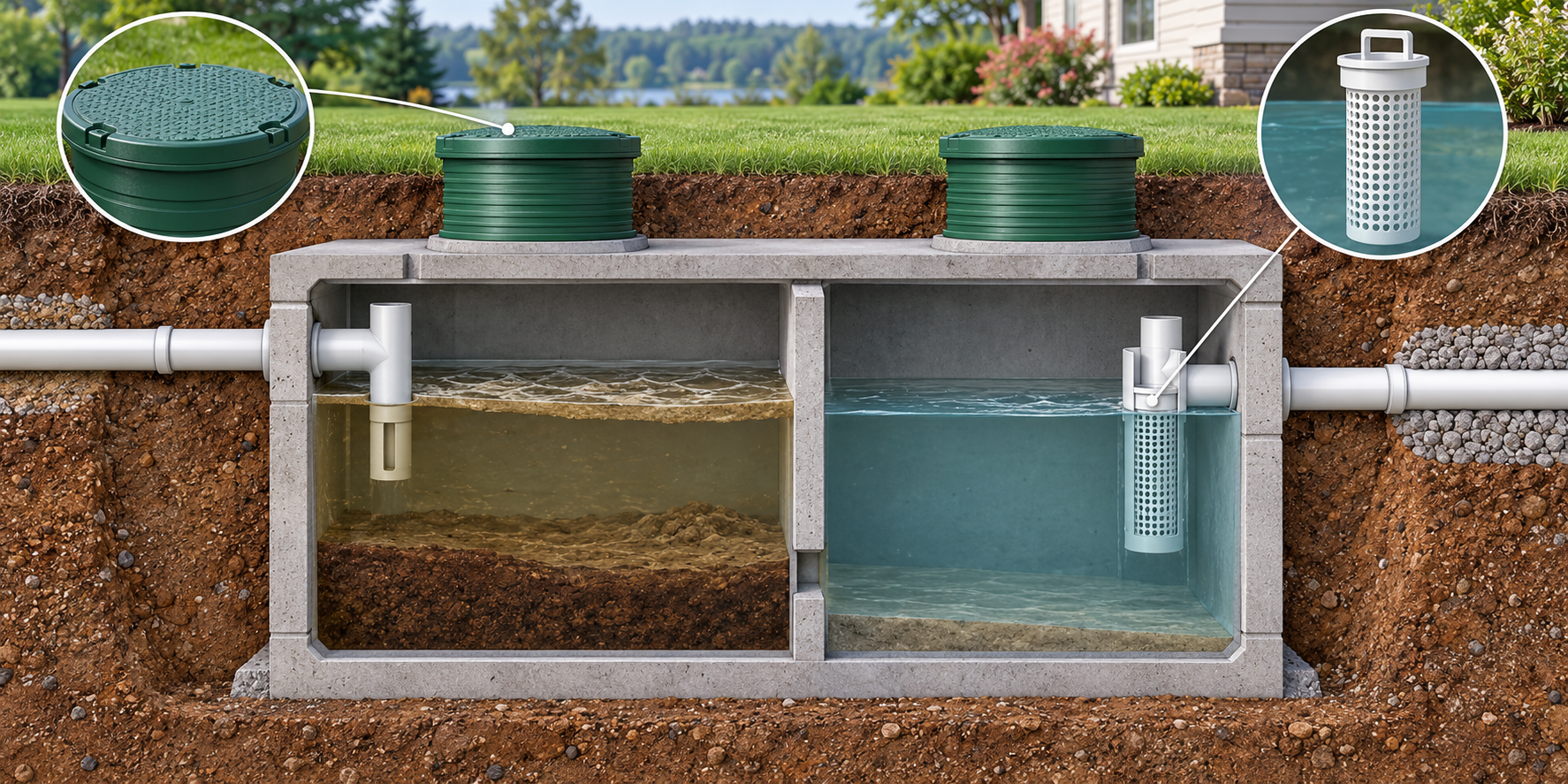 Cutaway of a septic tank with access risers, secure lids, inlet and outlet baffles, and an effluent filter.