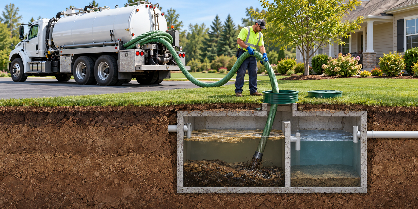 A septic service technician above ground uses a hose from a pump truck to remove contents from an accessible two-chamber tank.