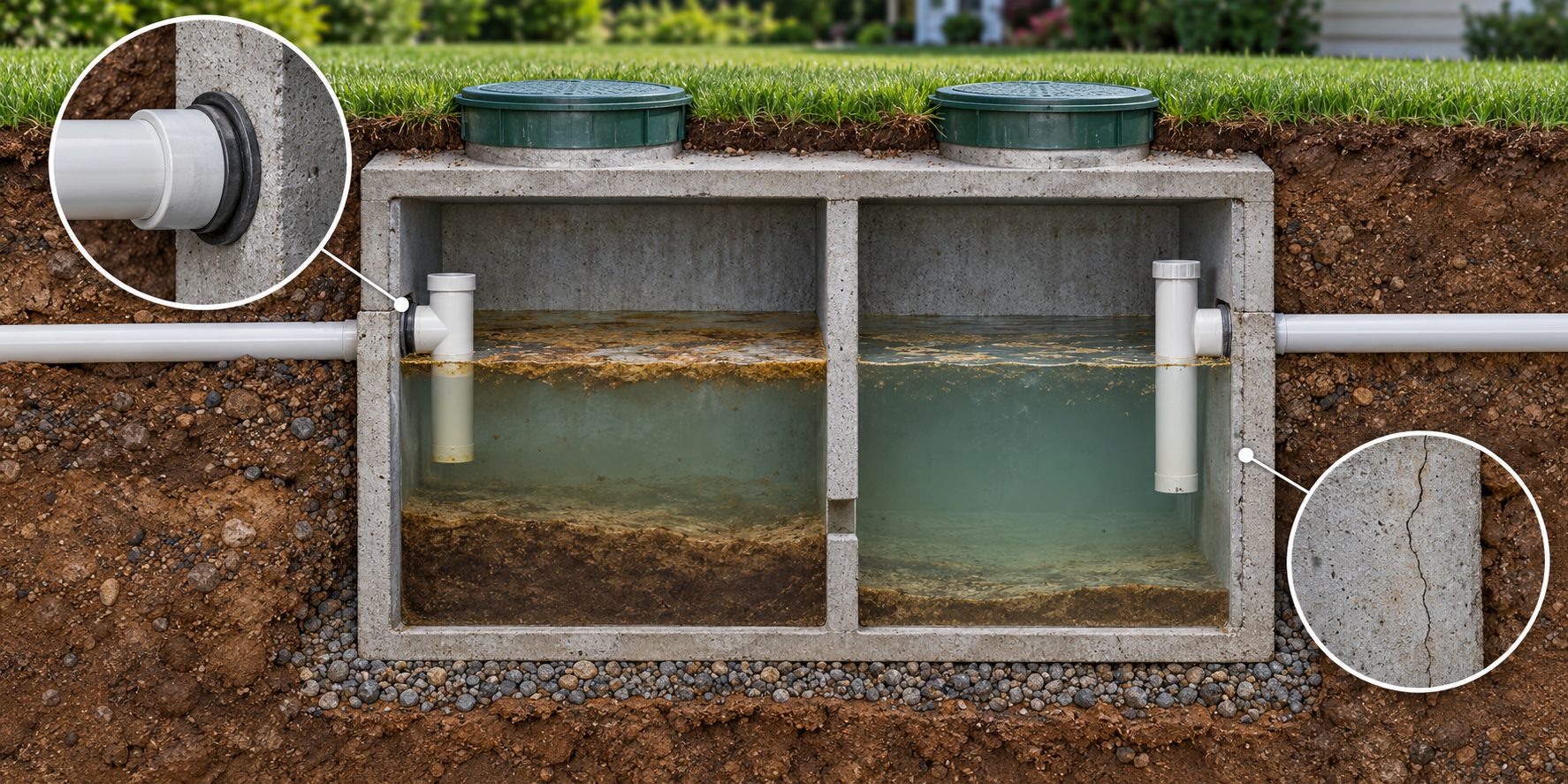 Cutaway illustration distinguishing a septic tank pipe connection from a crack in the concrete tank wall.