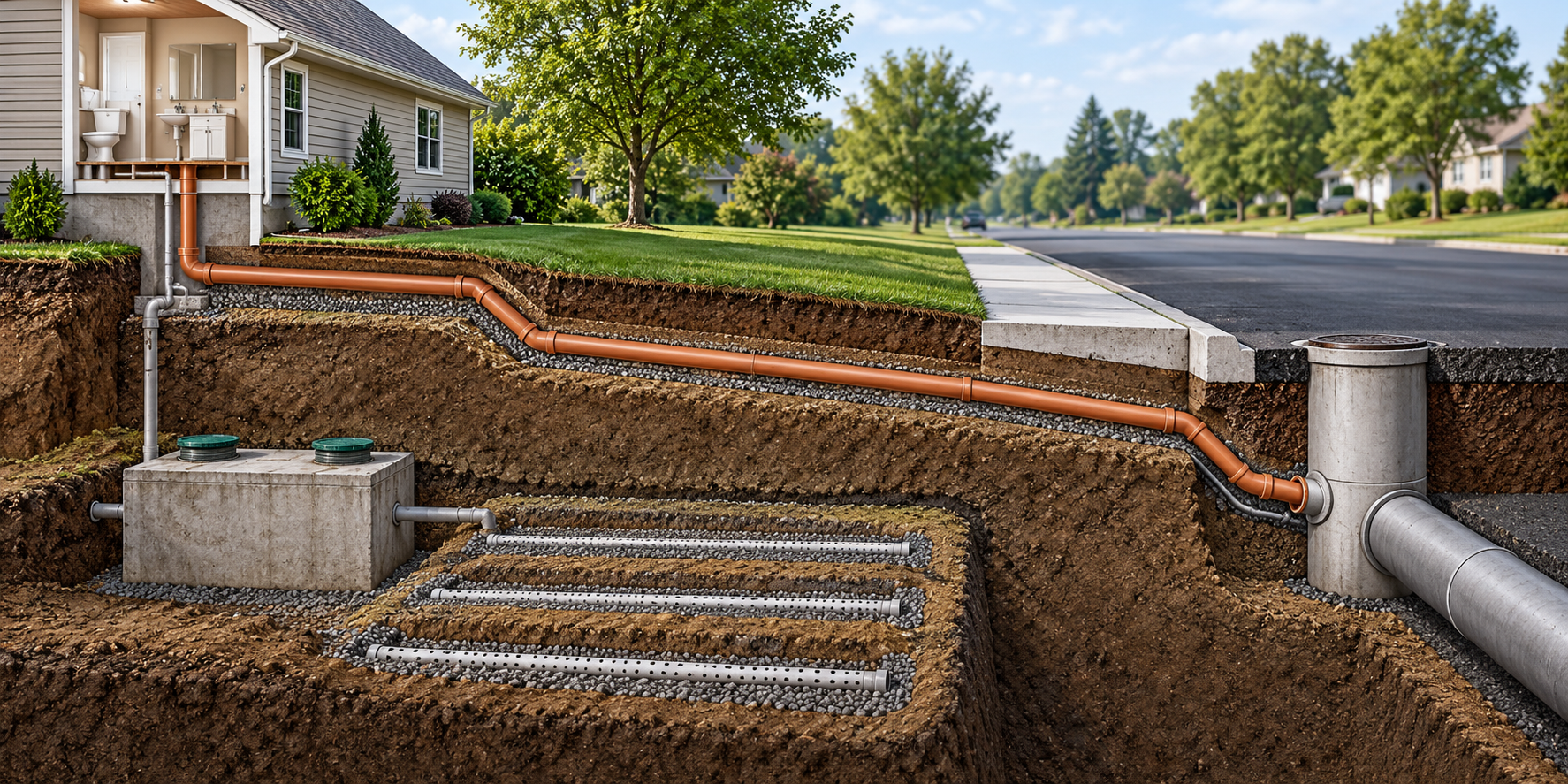 A private sewer lateral crosses the property to a public main while the former septic tank and drainfield remain a separate closure scope.