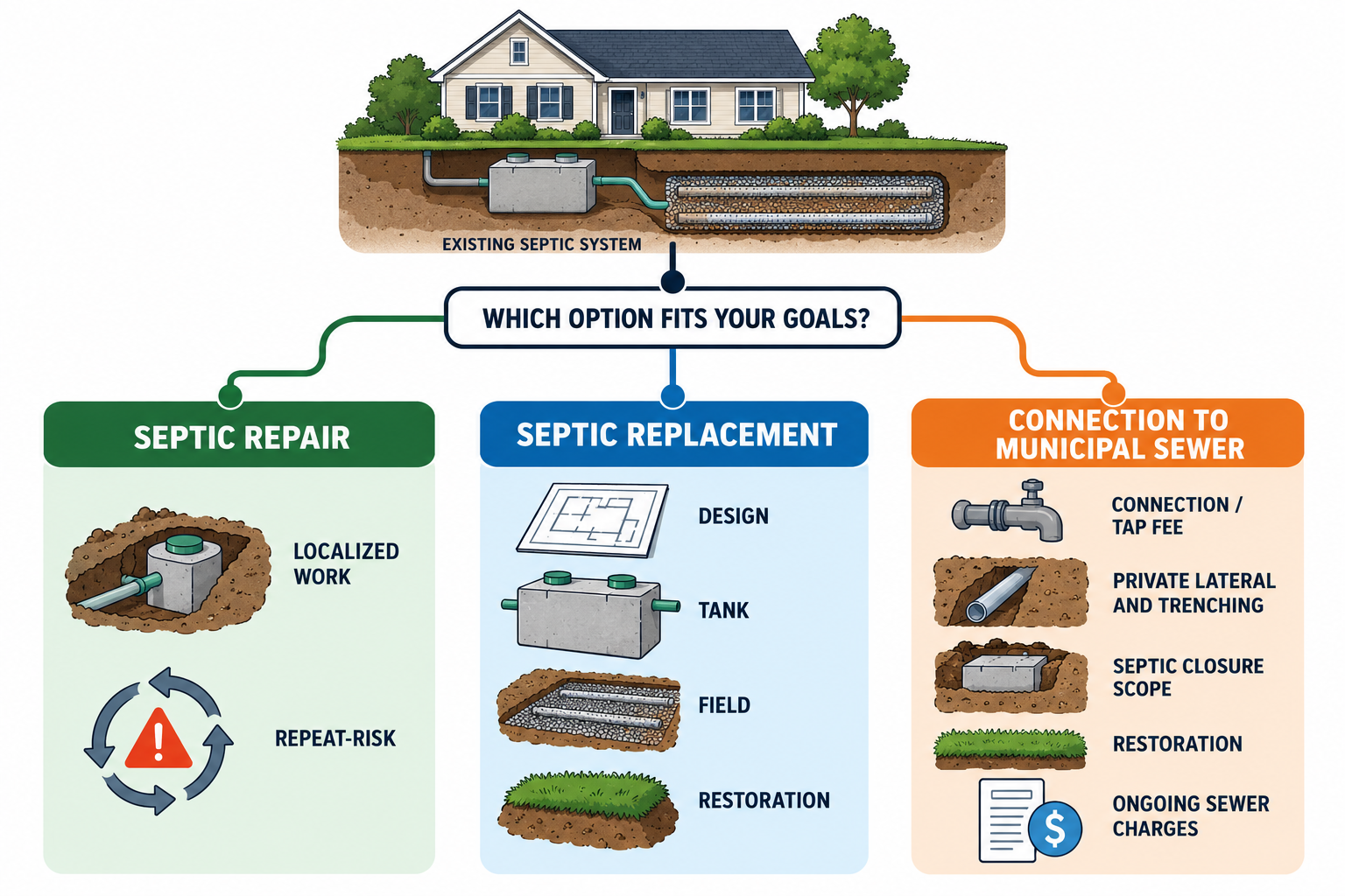 Comparison of septic repair, septic replacement, and municipal sewer conversion cost components