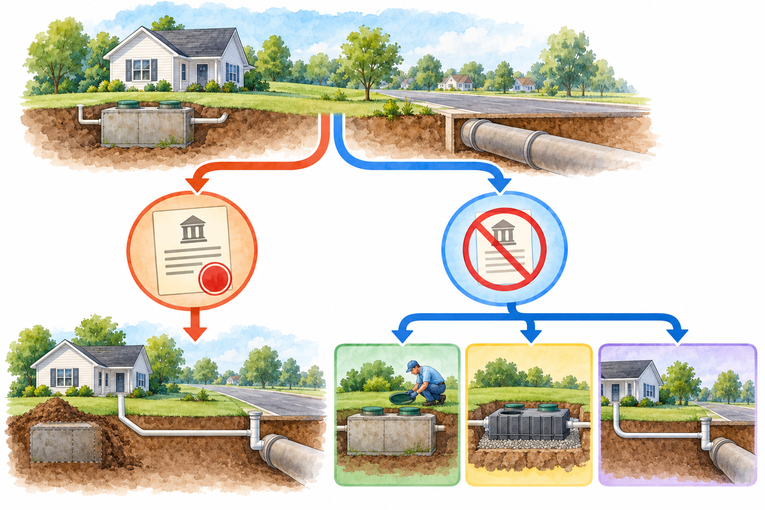 A local mandate can make sewer connection required for a specific property, while without a mandate the homeowner may compare repair, replacement, and conversion.