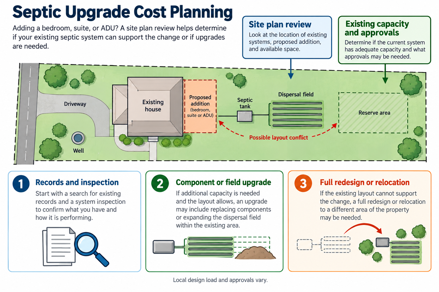 Site plan illustration showing how a proposed addition can conflict with an existing septic field or reserve area, alongside possible upgrade cost paths