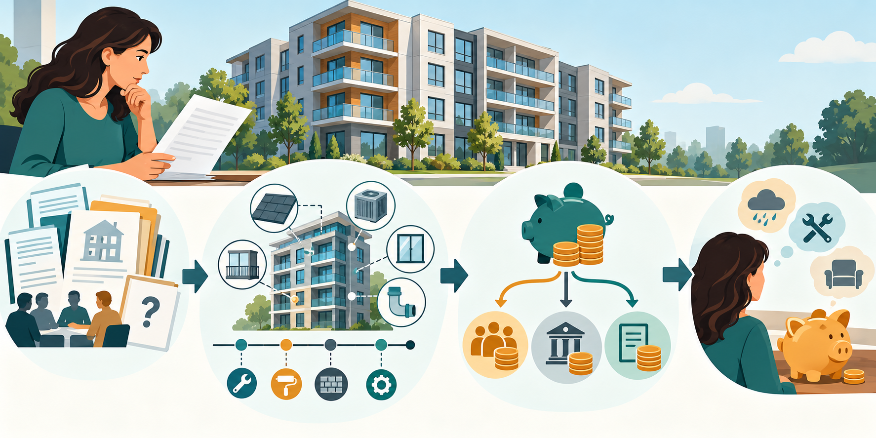Buyer review flow connecting property records, building components and timing, funding exposure, and a post-closing cash buffer