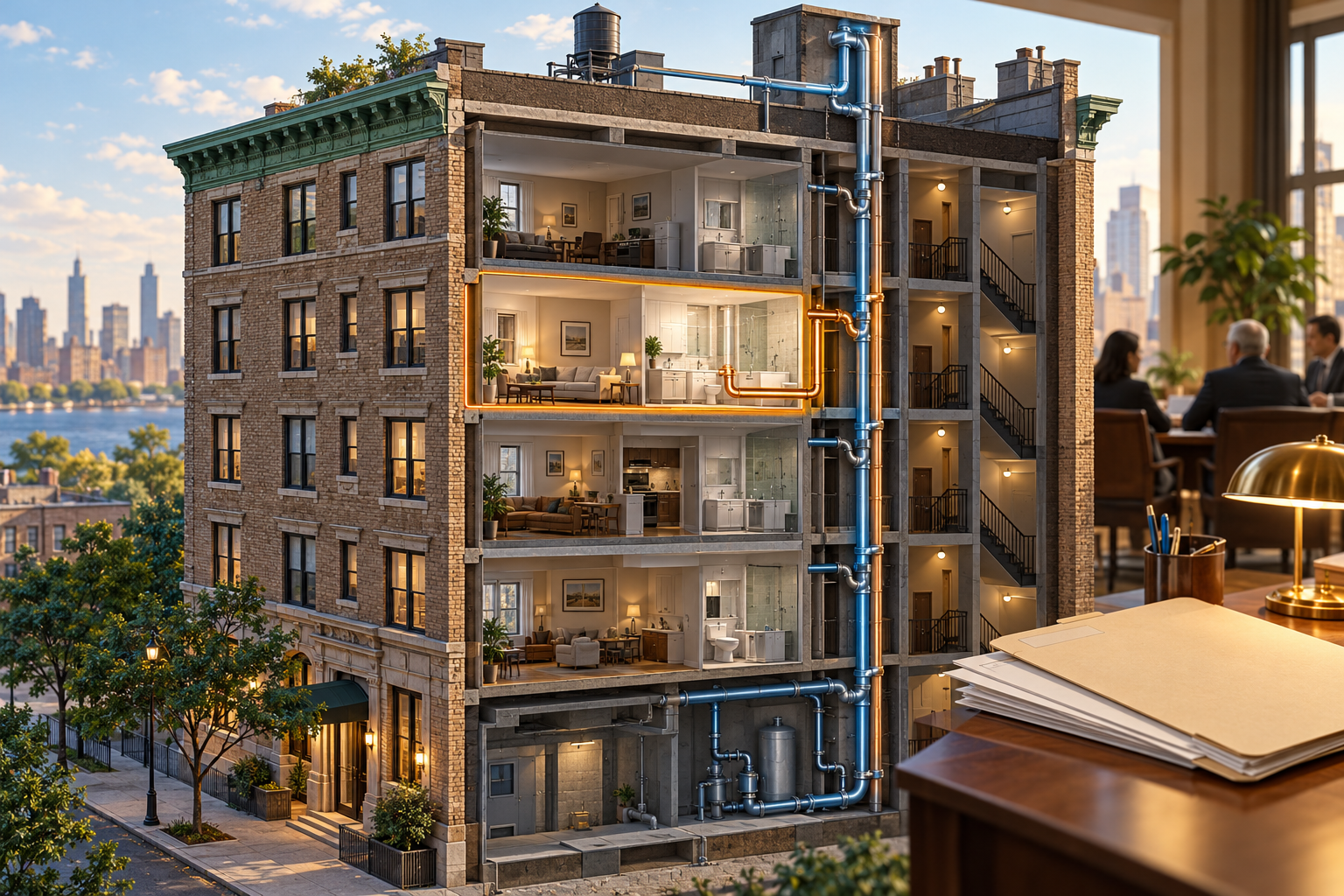 Cutaway co-op building showing an apartment connected to shared building systems alongside a management desk with lease documents