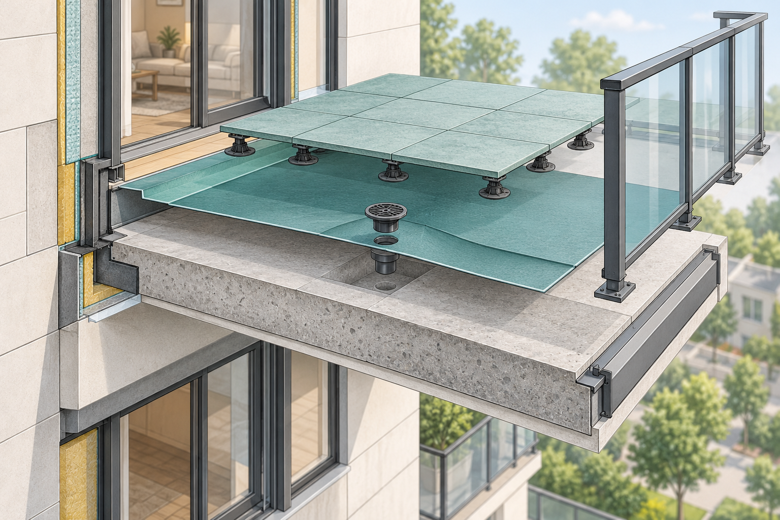 Exploded balcony view separating the walking surface, waterproofing membrane, drain, structural slab, guard, and wall connection