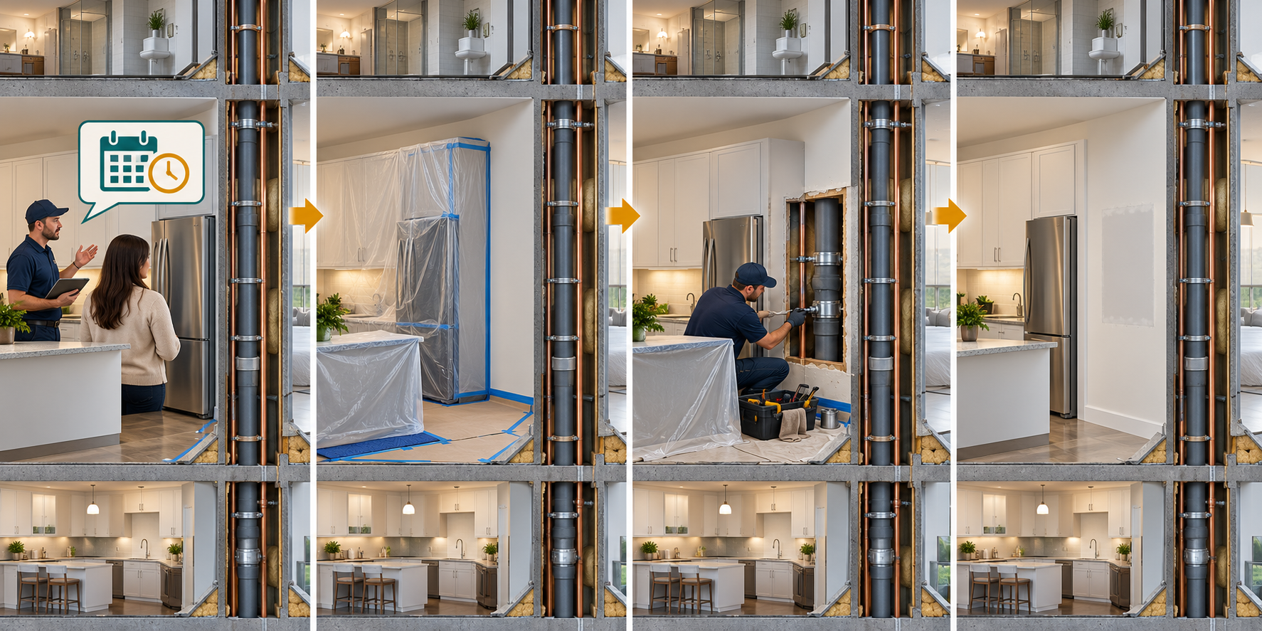 Access sequence showing notice, protection of unit finishes, a bounded opening for shared-riser repair, and separate restoration closeout
