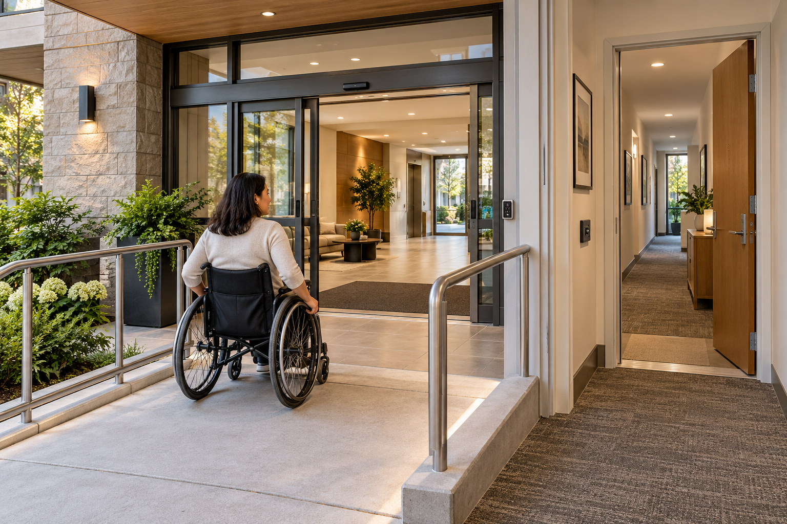 Resident using a gradual accessible route through a condo entrance with a level landing and automatic door into the shared corridor