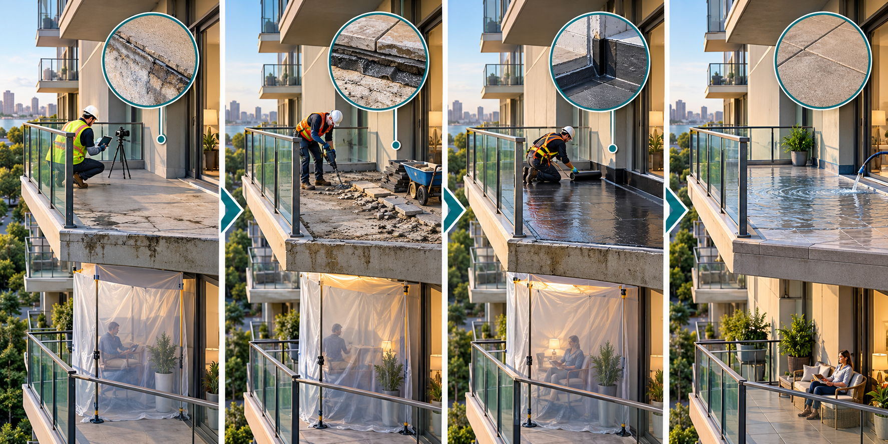 Balcony repair sequence from condition documentation and access planning through surface removal, membrane work, water testing, and restoration