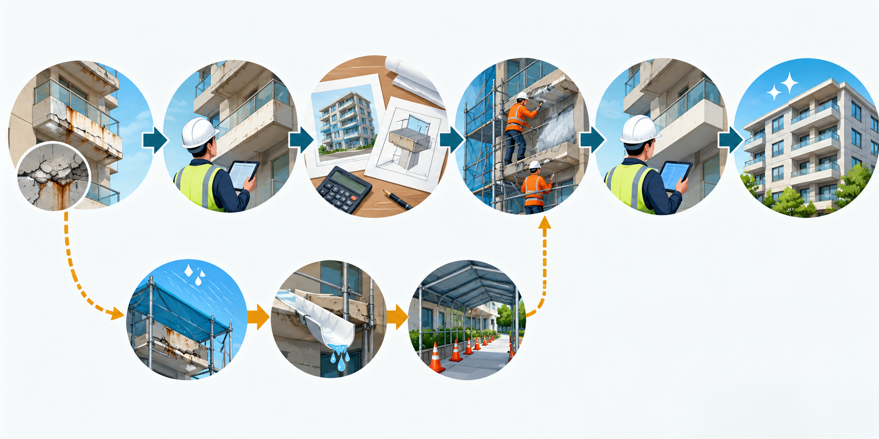 Repair-status sequence from observed deterioration through inspection, scoped work, construction, verification, and ongoing maintenance, with interim protection shown separately