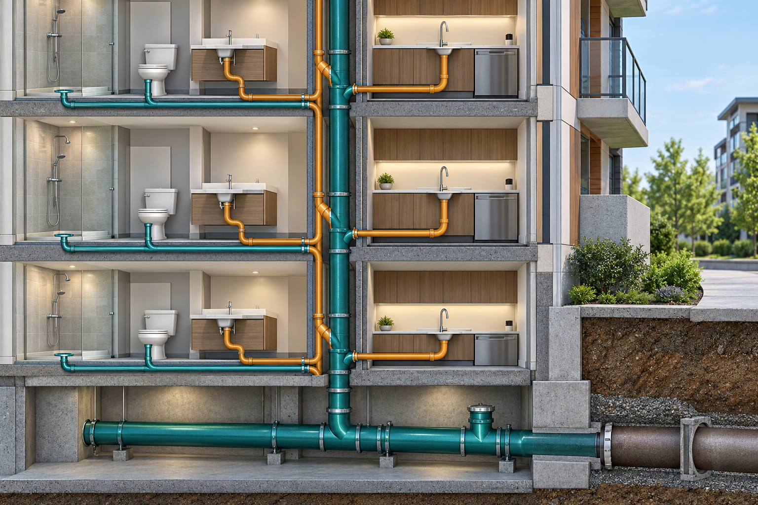 Cutaway tracing fixture branches into a shared building drain and out to the sewer connection