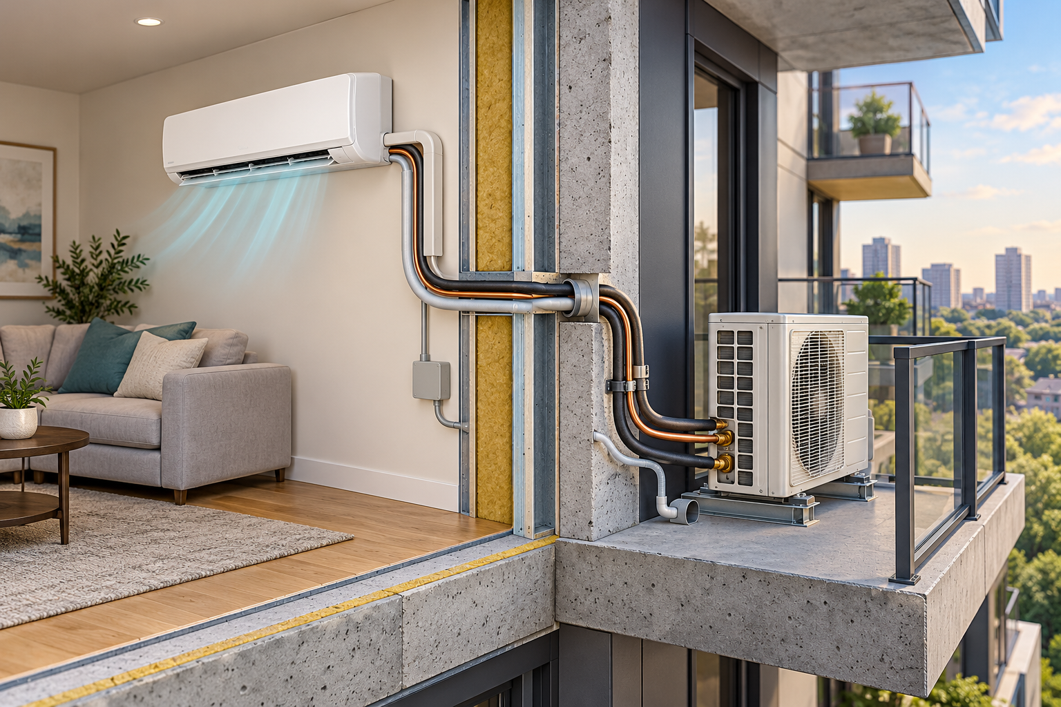 Mini-split cutaway showing indoor and outdoor units, line set, electrical connection, wall penetration, balcony slab, and shared exterior interface