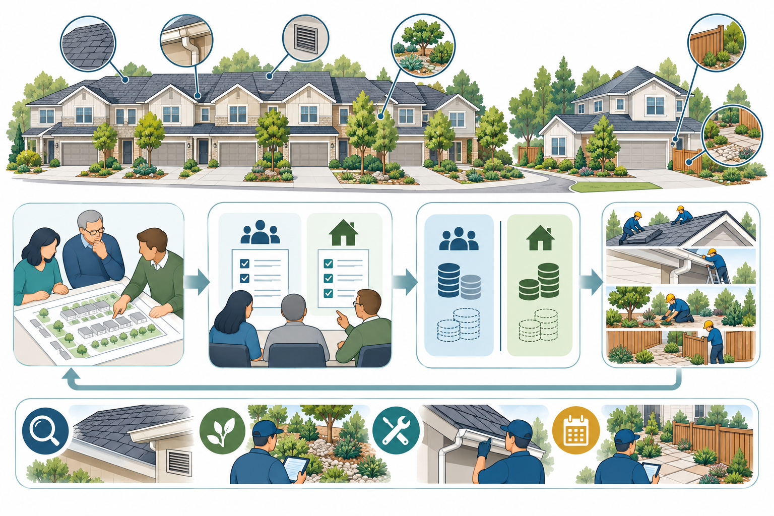 Diagram of a shared hardening project moving from planning and authority review through shared and owner budgets, phased work, and ongoing maintenance.