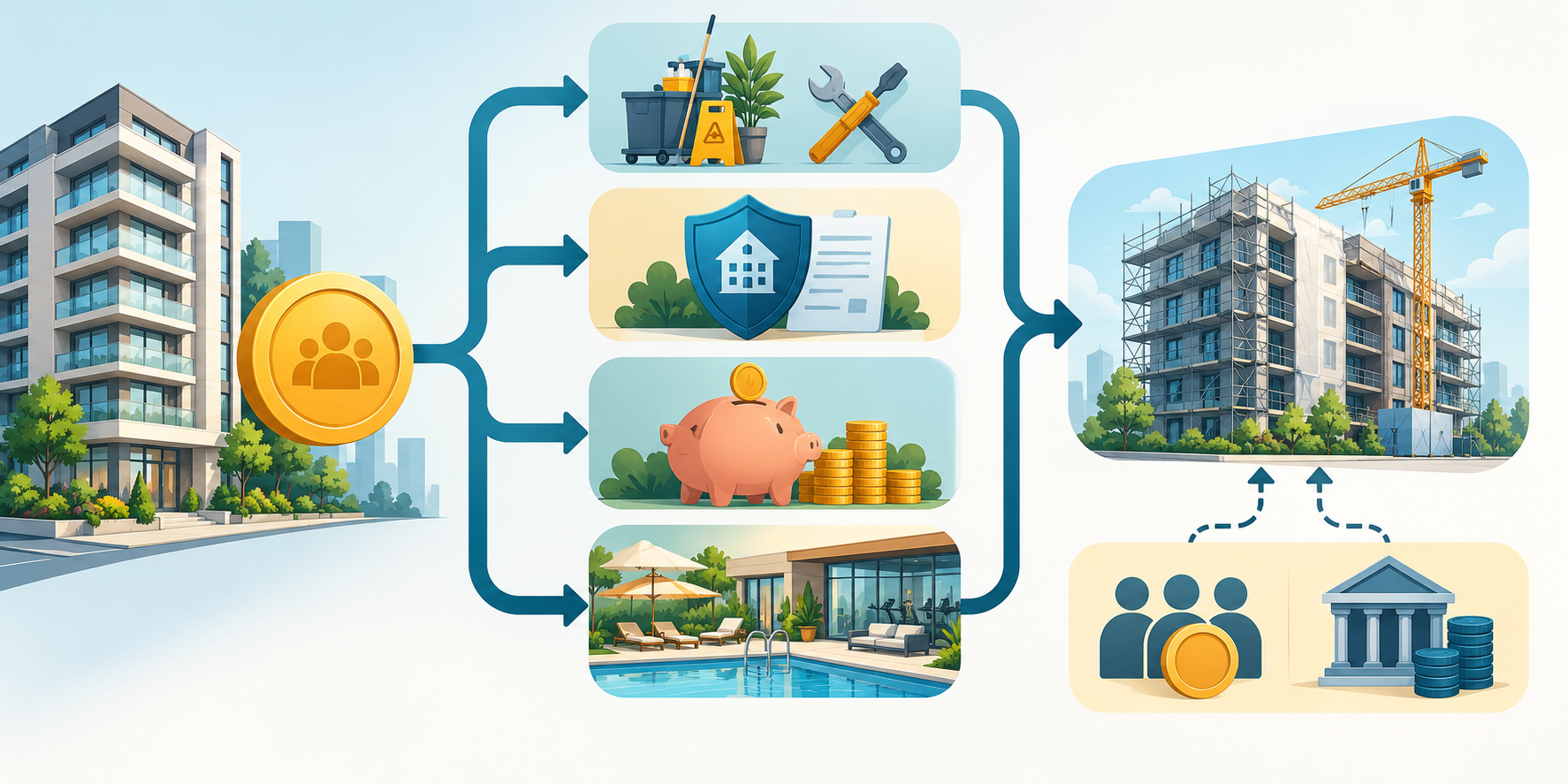Illustration of a shared condo contribution branching into operations, insurance, reserve savings, and amenities, with a separate path to future project funding
