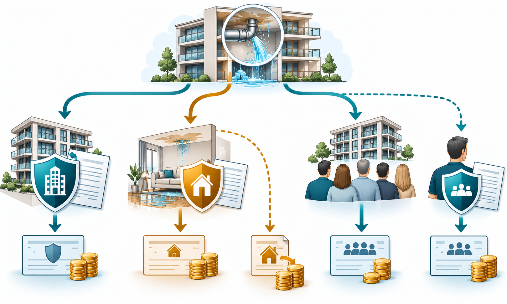 One building water-loss event branching into association and owner deductibles, a possible unit chargeback, a shared assessment, and a possible loss-assessment claim