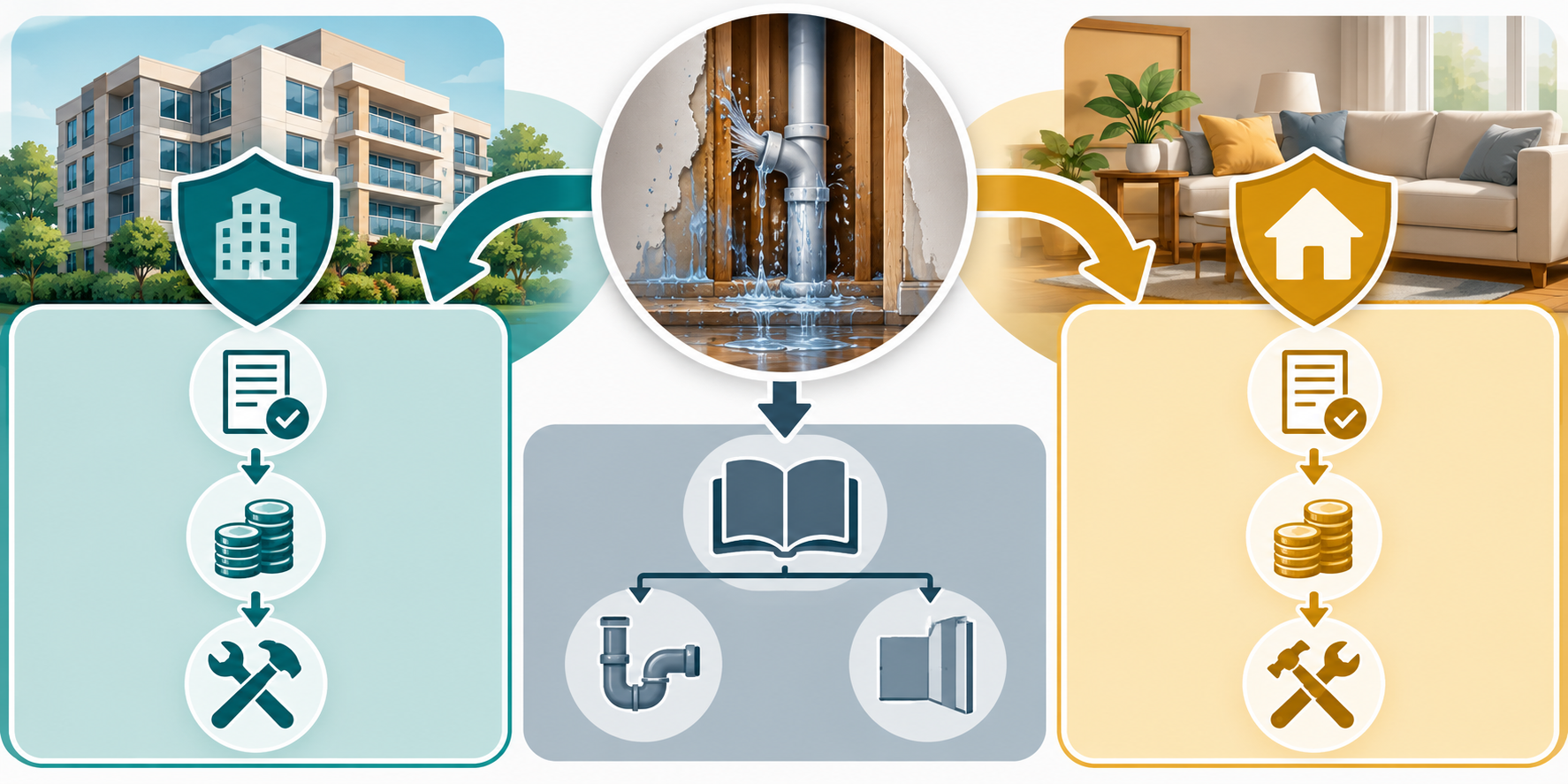 Water-loss illustration showing the separate roles of an association building policy, an owner policy, and governing documents in repair and cost decisions