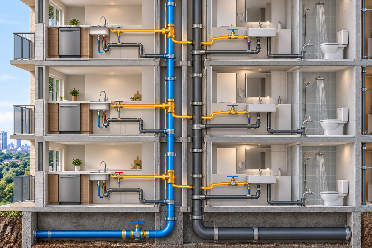 Cutaway service map showing a vertical shared plumbing riser connected to unit branches, fixtures, shutoffs, and the building main