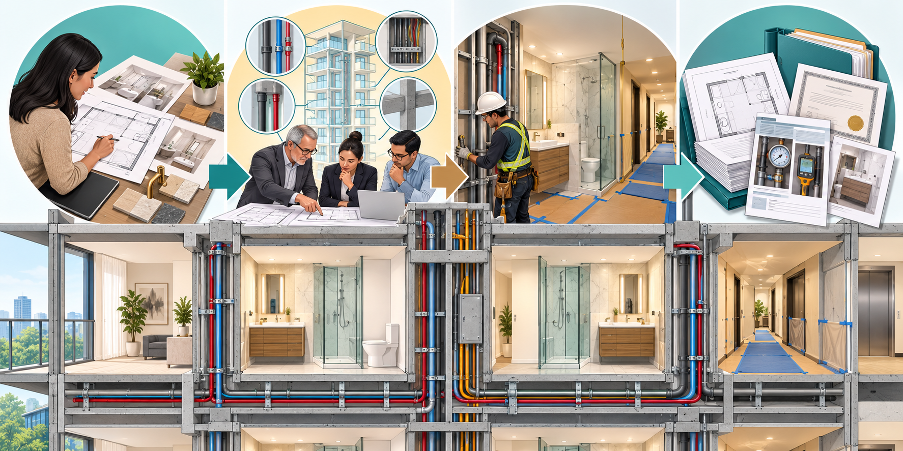 Condo renovation sequence from owner plans and system review through protected construction and a documented closeout