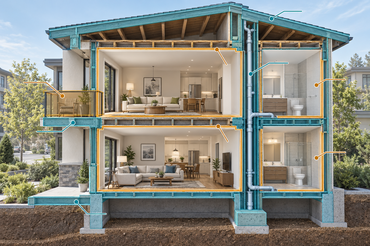 Cutaway illustration showing how a condo roof, shared plumbing riser, balcony, and unit interior boundaries can involve different repair responsibilities