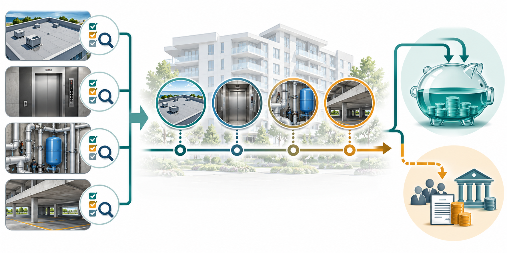 Reserve-study illustration linking building components and condition checks to project timing and a future funding plan