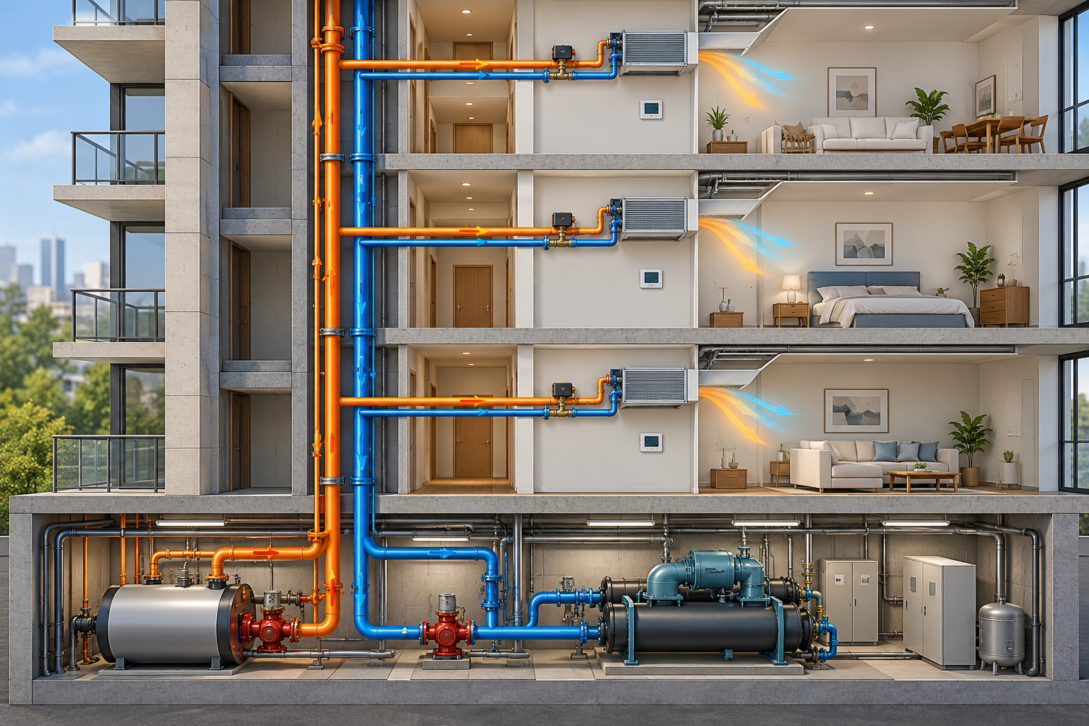 Cutaway showing central heating and cooling equipment feeding shared risers and individual apartment fan-coil terminals