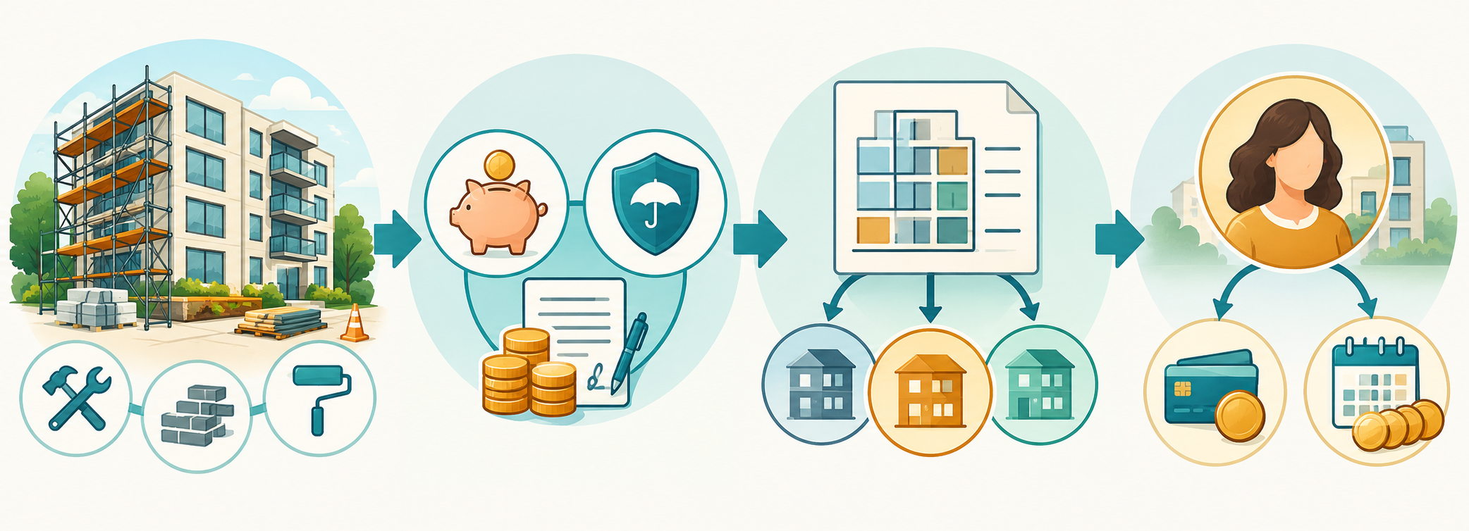 Conceptual flow from a shared repair project through funding sources and document-based allocation to an owner payment schedule