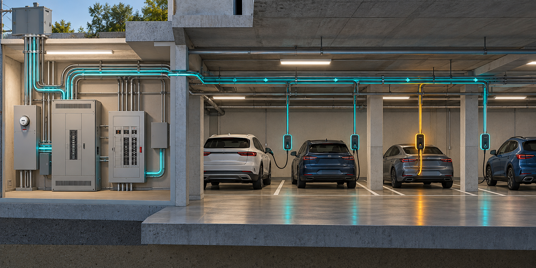 Shared garage electrical backbone distributing power to multiple EV charging stalls, with individual chargers shown as distinct endpoints