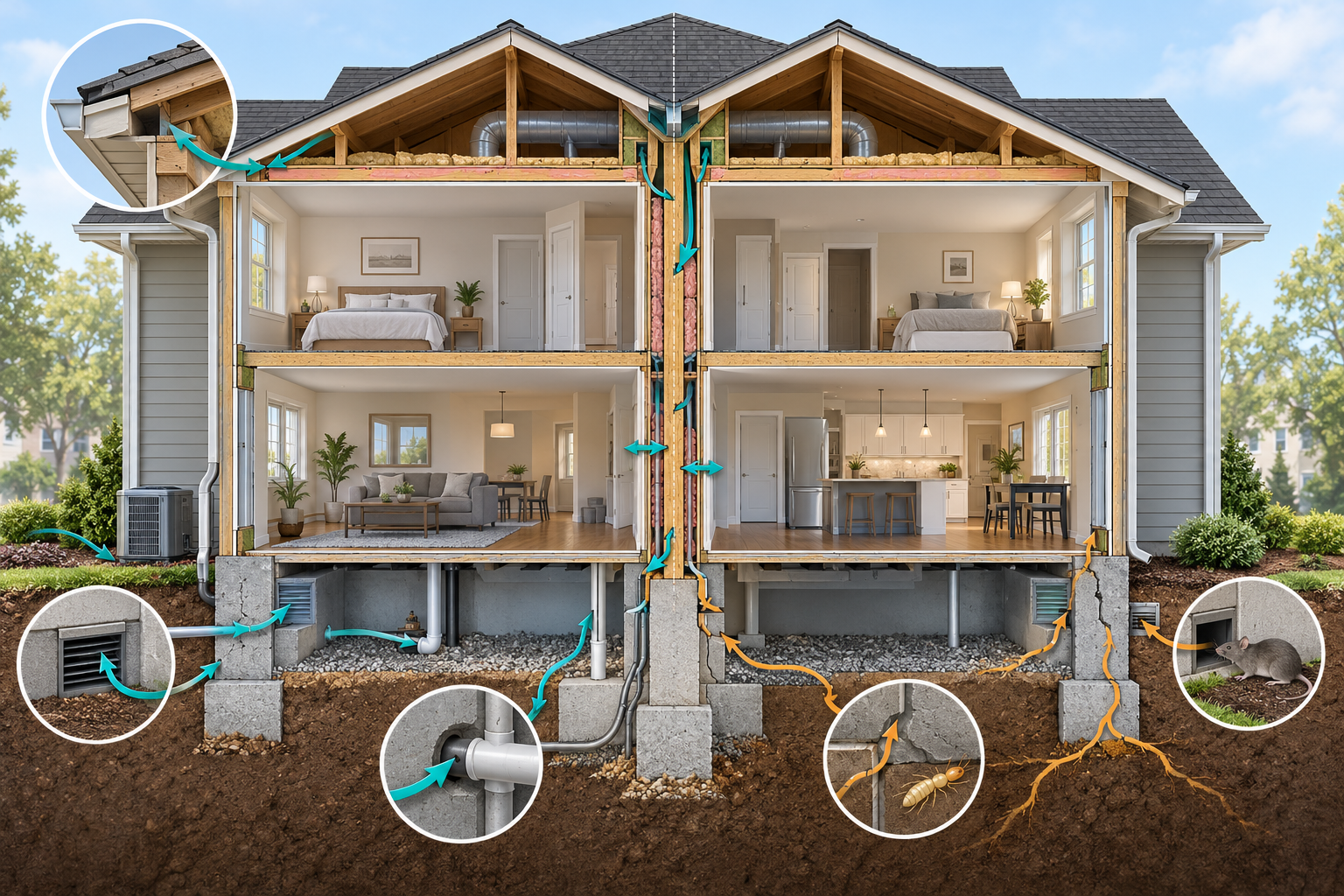 Attached-home cutaway showing potential pest entry routes at the roof, shared wall, utility opening, foundation, and crawlspace