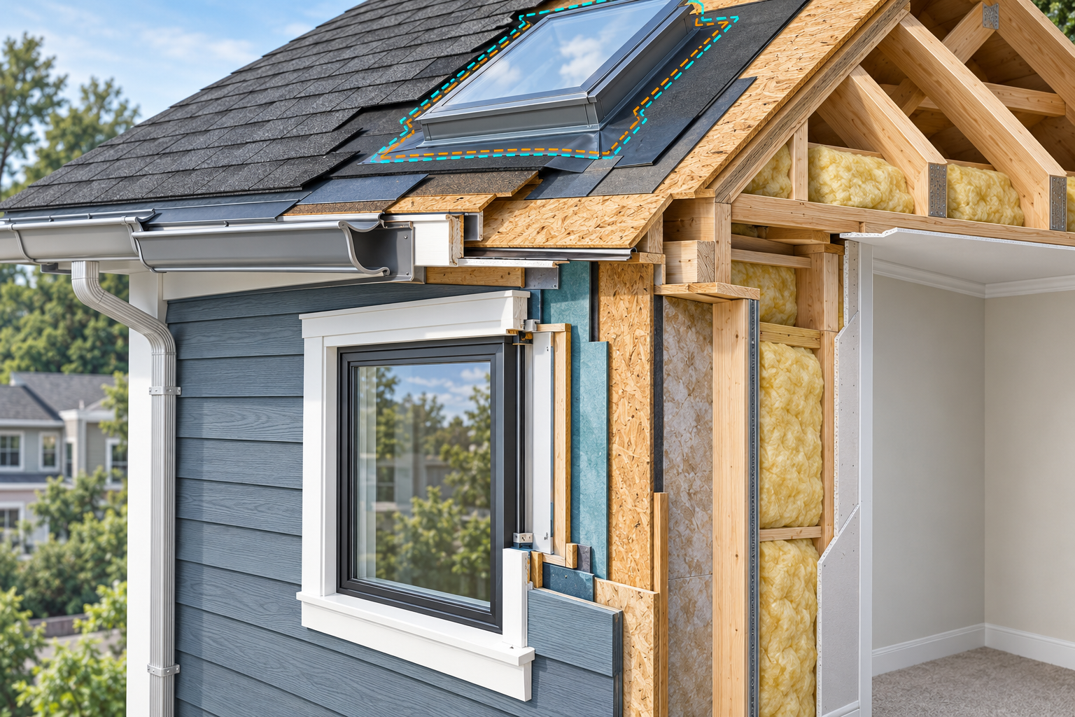 Roof and exterior cutaway showing shingles, flashing, gutter, skylight, sheathing, framing, insulation, siding, and interior finish as distinct assembly layers