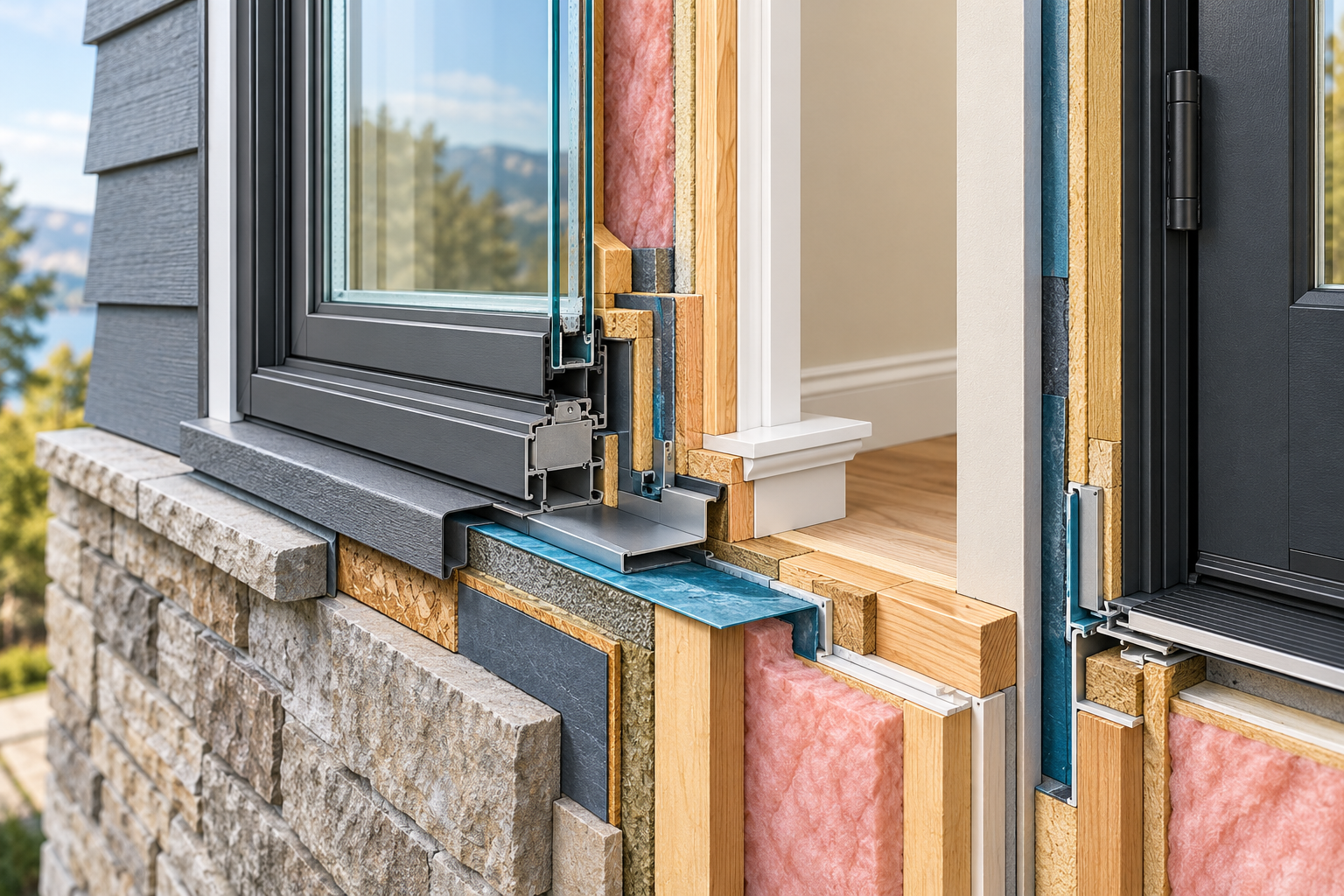 Window opening cutaway showing glass, frame, sill flashing, cladding, insulation, interior trim, and the adjacent exterior door