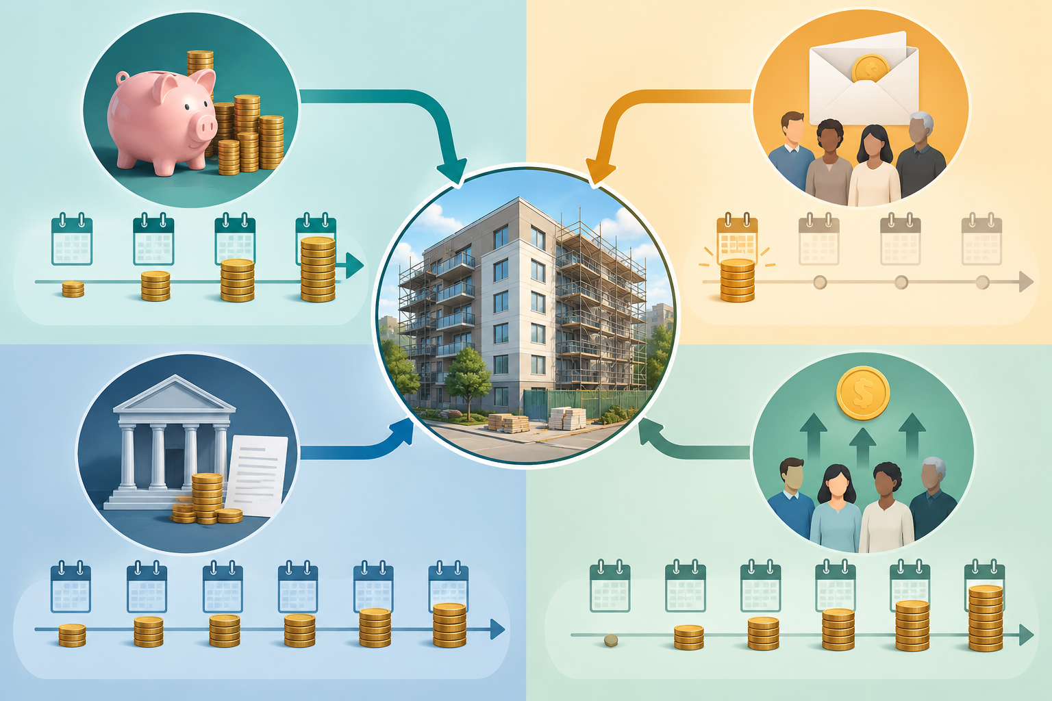 Conceptual comparison of reserve savings, a one-time assessment, association borrowing, and higher recurring contributions as separate ways to fund major work