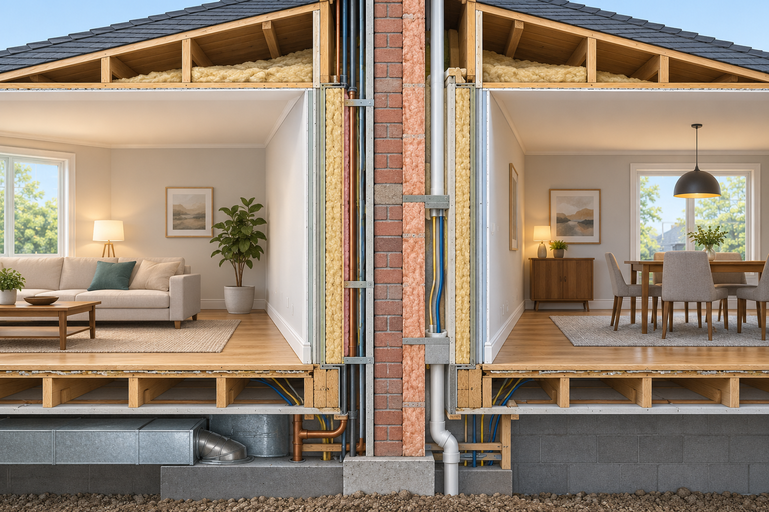 Cutaway through two attached homes showing finishes, framing or masonry, fire and sound separation, insulation, and utility services within a shared wall