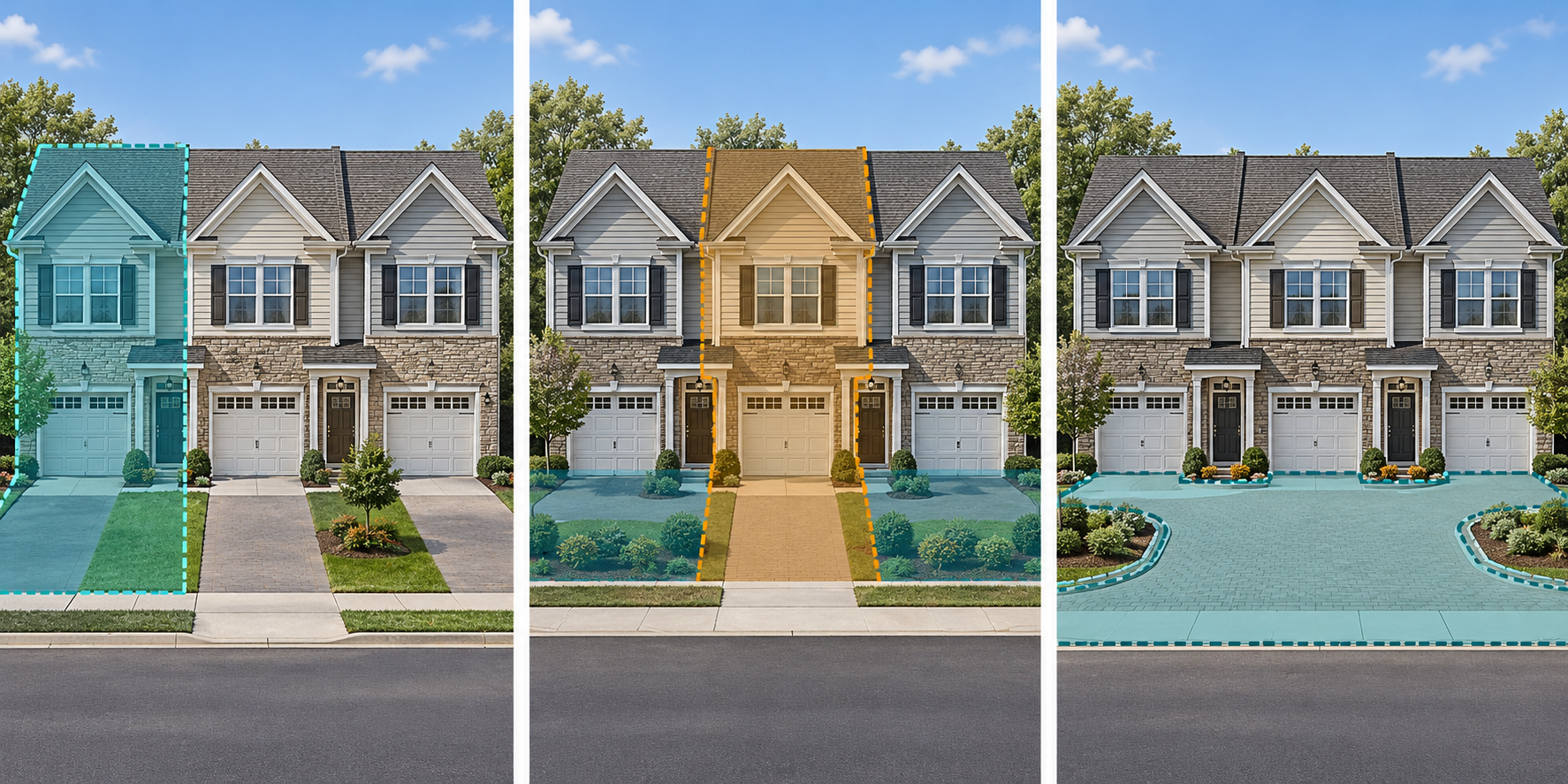 Three similar-looking townhouse groups with different illustrated parcel and shared-area boundaries, showing why appearance alone does not identify the ownership arrangement