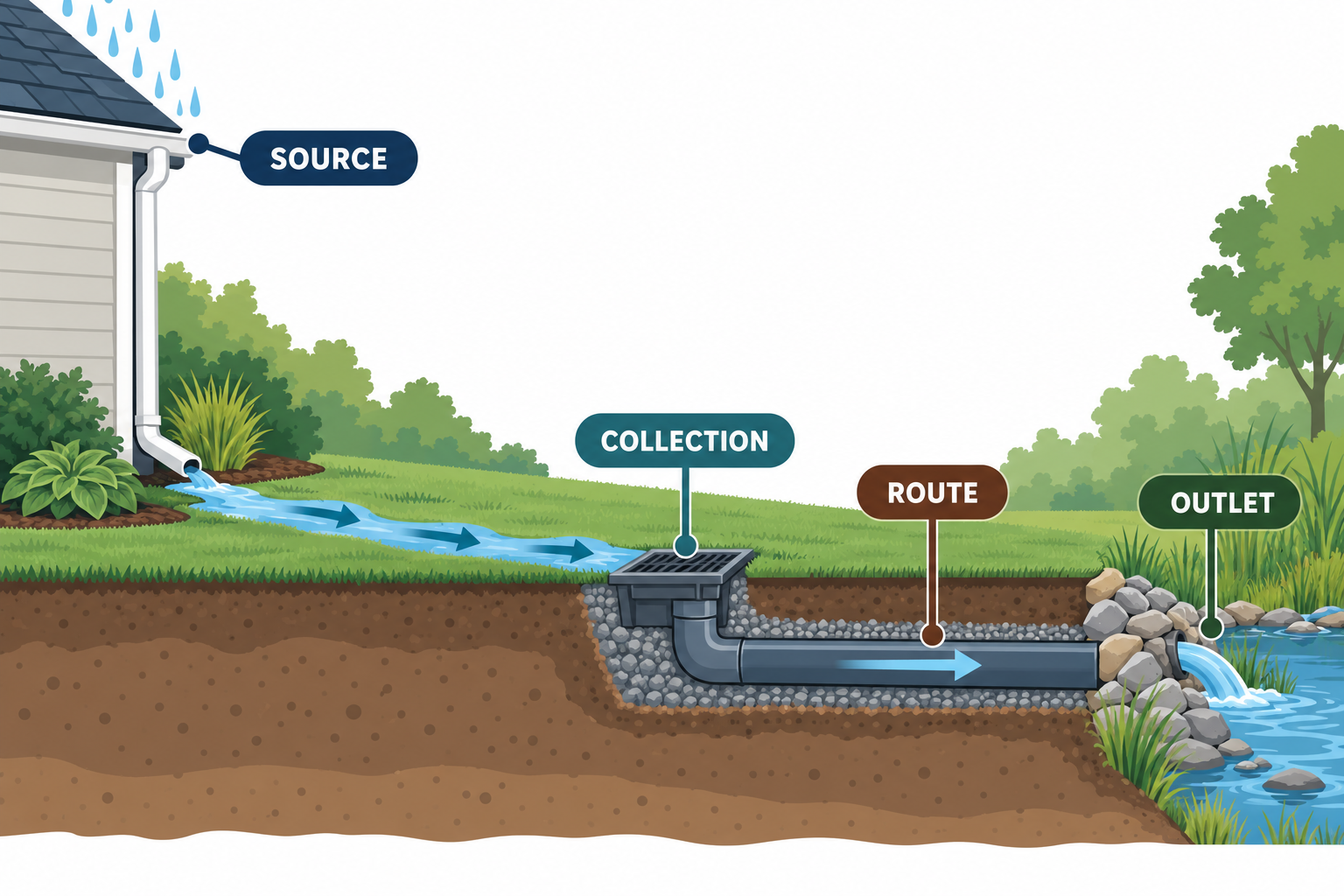 Conceptual yard drainage path from roof runoff through collection and conveyance to an outlet.
