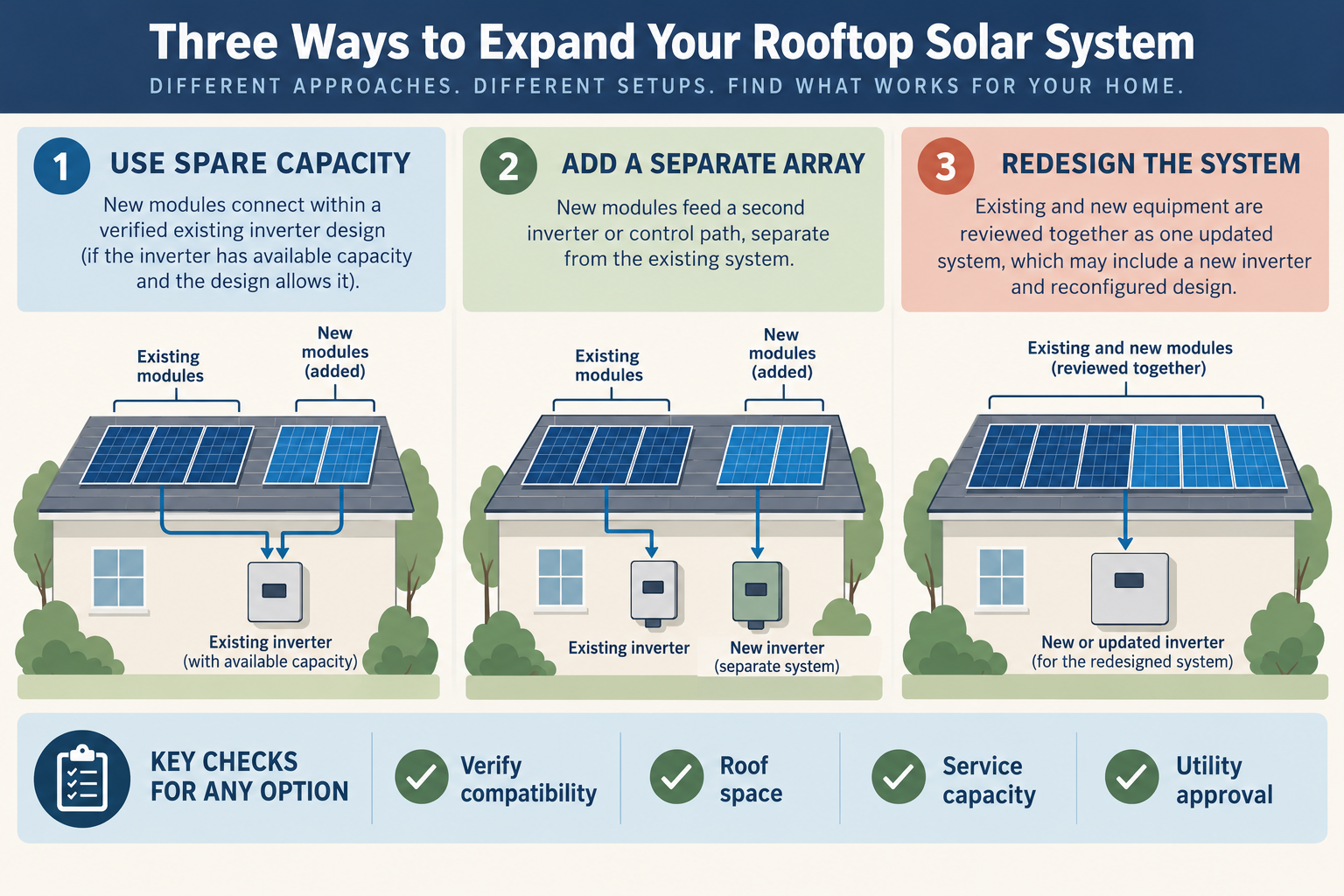 A comparison shows three expansion approaches: use verified spare inverter capacity, add a separate array and inverter, or review existing and new equipment together in a redesign.