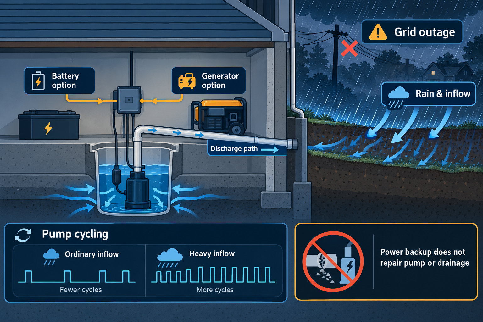 A storm-and-outage illustration shows rain increasing sump-pump cycling, alternative battery or generator backup, the discharge path, and the limit that power backup cannot repair pump or drainage problems.