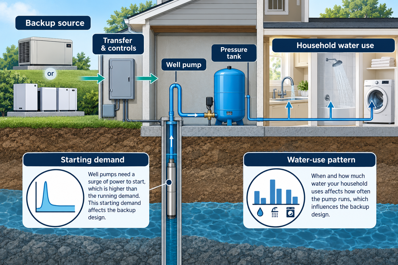 A system illustration shows a backup source and transfer controls supporting a well pump, pressure tank, and household water use, with starting demand and use pattern identified as design factors.
