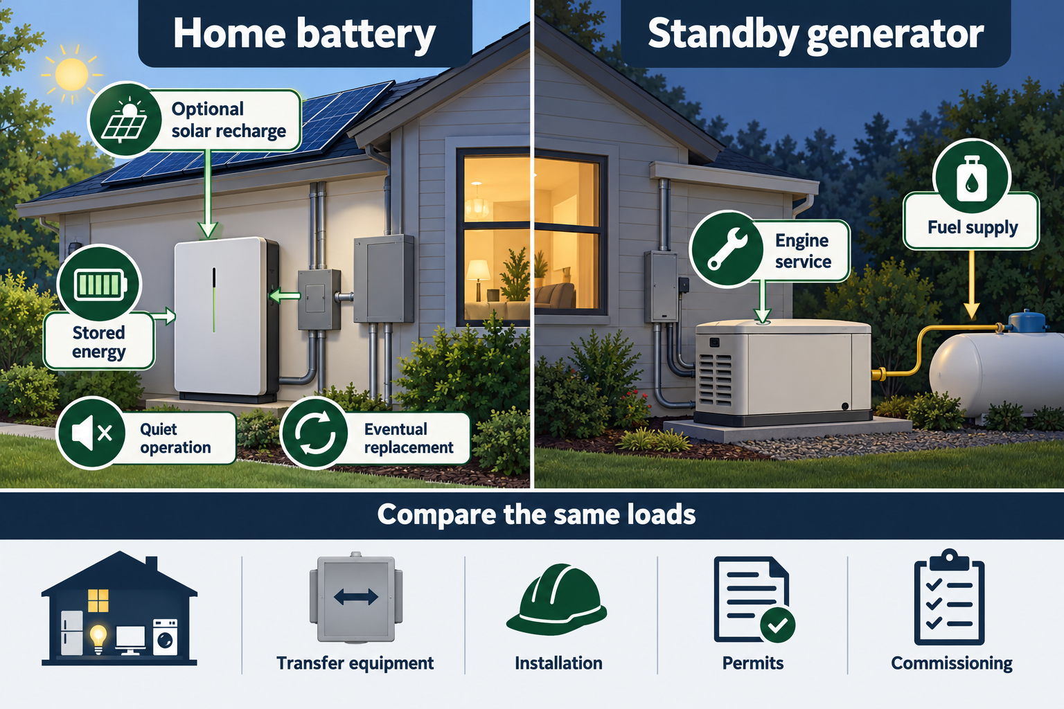 A side-by-side comparison contrasts stored energy and optional solar recharge with generator fuel and engine service, then lists shared quote factors to compare for the same loads.