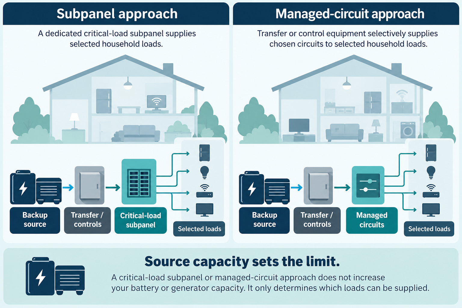 A diagram compares a dedicated critical-load subpanel with managed circuits and shows that source capacity, not panel layout, limits the available backup power.